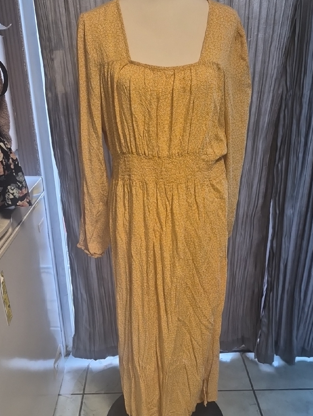 Mustard Yellow Square-Neck Maxi Dress with Smocked Waist